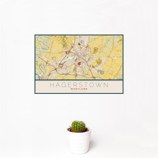 12x18 Hagerstown Maryland Map Print Landscape Orientation in Woodblock Style With Small Cactus Plant in White Planter