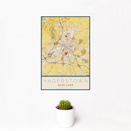 12x18 Hagerstown Maryland Map Print Portrait Orientation in Woodblock Style With Small Cactus Plant in White Planter