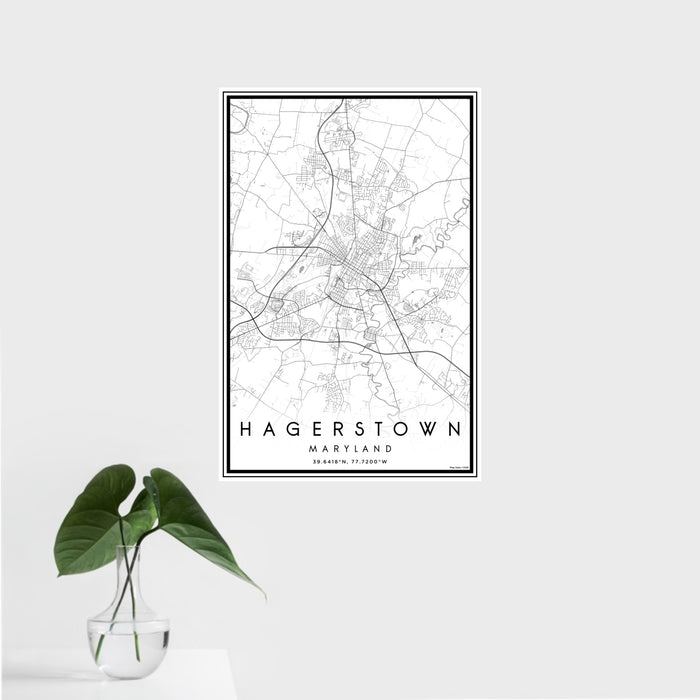 16x24 Hagerstown Maryland Map Print Portrait Orientation in Classic Style With Tropical Plant Leaves in Water