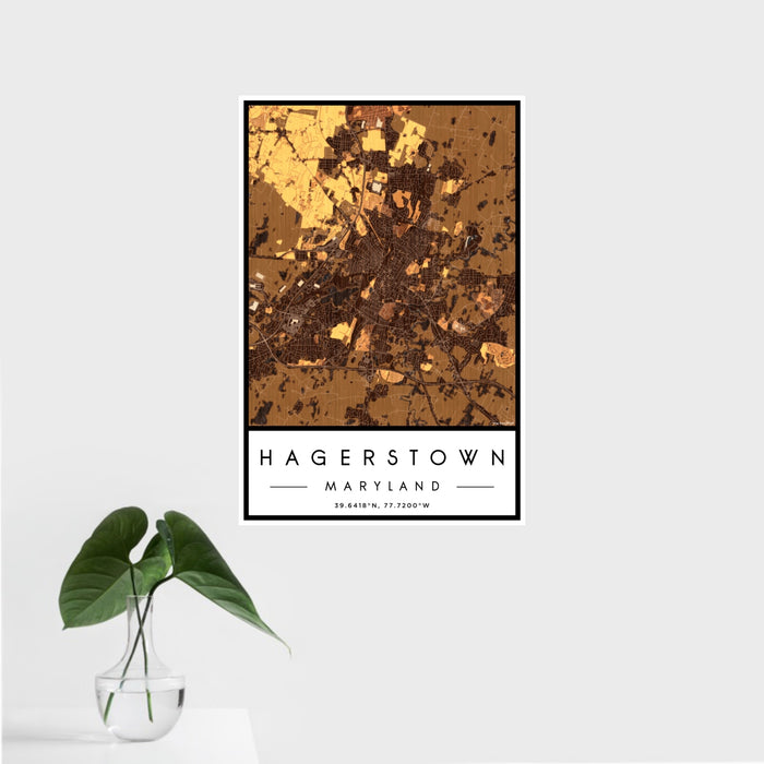 16x24 Hagerstown Maryland Map Print Portrait Orientation in Ember Style With Tropical Plant Leaves in Water