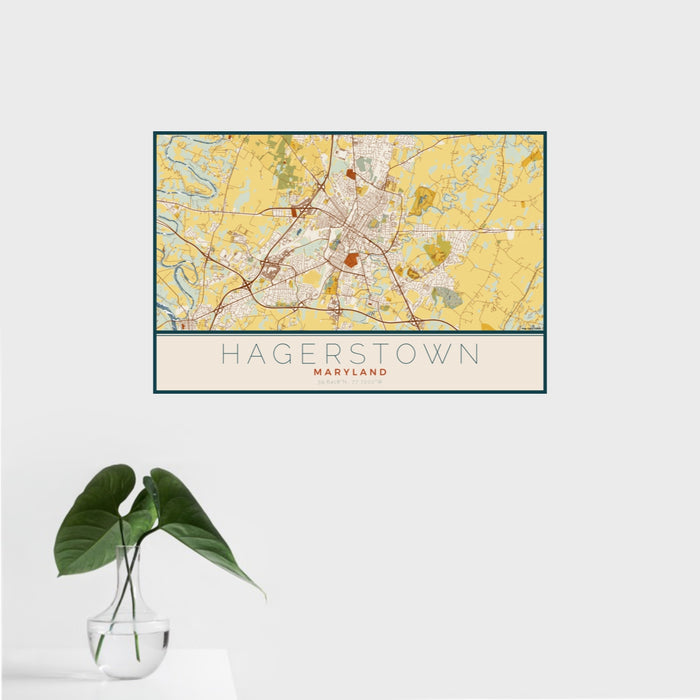 16x24 Hagerstown Maryland Map Print Landscape Orientation in Woodblock Style With Tropical Plant Leaves in Water