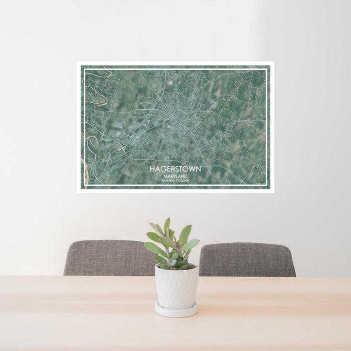 24x36 Hagerstown Maryland Map Print Lanscape Orientation in Afternoon Style Behind 2 Chairs Table and Potted Plant
