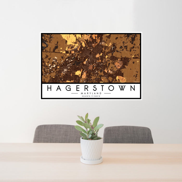 24x36 Hagerstown Maryland Map Print Lanscape Orientation in Ember Style Behind 2 Chairs Table and Potted Plant