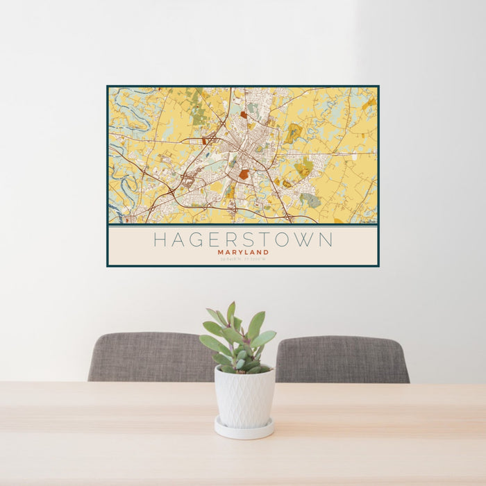 24x36 Hagerstown Maryland Map Print Lanscape Orientation in Woodblock Style Behind 2 Chairs Table and Potted Plant