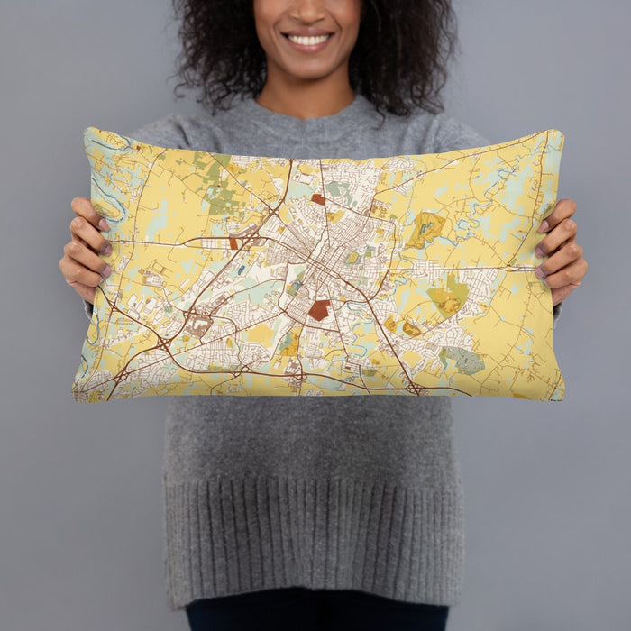 Person holding 20x12 Custom Hagerstown Maryland Map Throw Pillow in Woodblock