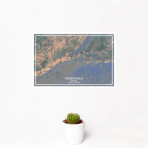 12x18 Haleakala Hawaii Map Print Landscape Orientation in Afternoon Style With Small Cactus Plant in White Planter