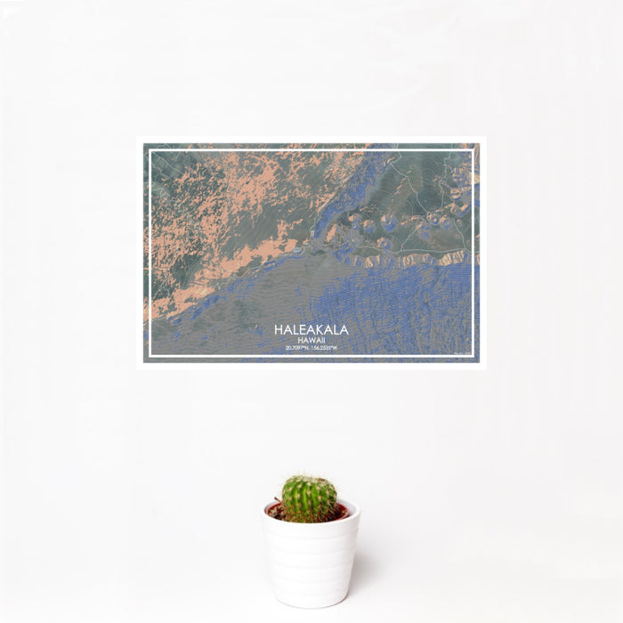 12x18 Haleakala Hawaii Map Print Landscape Orientation in Afternoon Style With Small Cactus Plant in White Planter