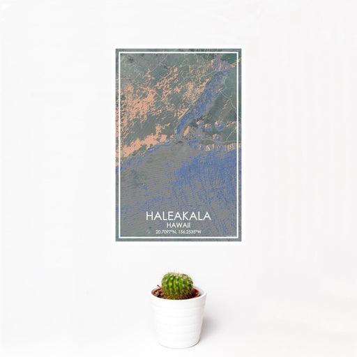 12x18 Haleakala Hawaii Map Print Portrait Orientation in Afternoon Style With Small Cactus Plant in White Planter