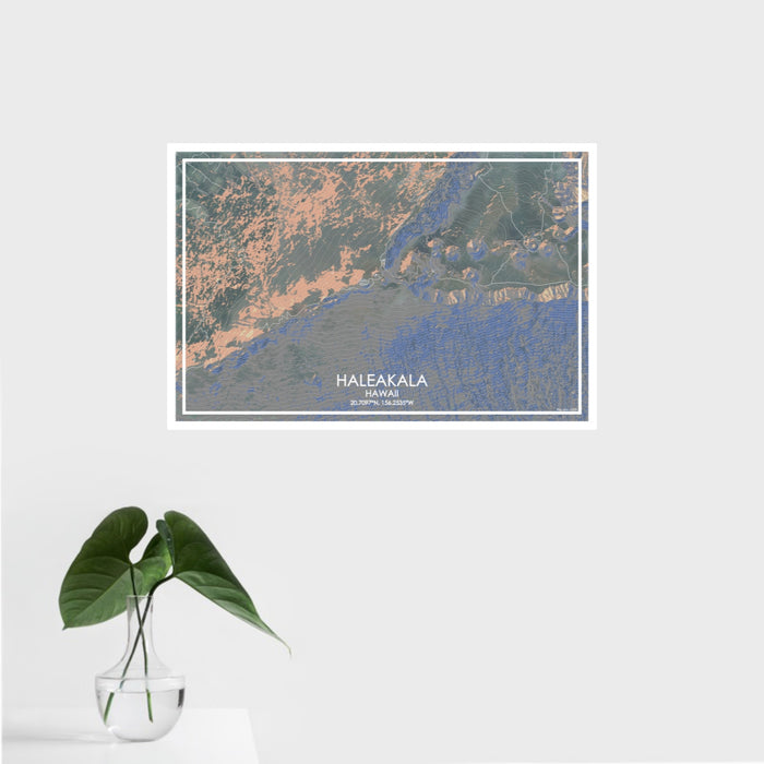16x24 Haleakala Hawaii Map Print Landscape Orientation in Afternoon Style With Tropical Plant Leaves in Water
