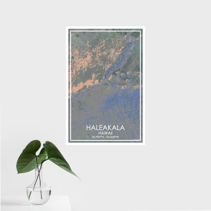 16x24 Haleakala Hawaii Map Print Portrait Orientation in Afternoon Style With Tropical Plant Leaves in Water