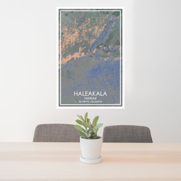 24x36 Haleakala Hawaii Map Print Portrait Orientation in Afternoon Style Behind 2 Chairs Table and Potted Plant
