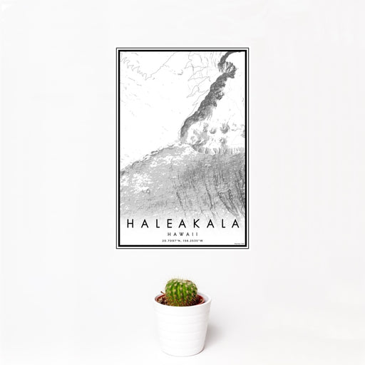12x18 Haleakala Hawaii Map Print Portrait Orientation in Classic Style With Small Cactus Plant in White Planter