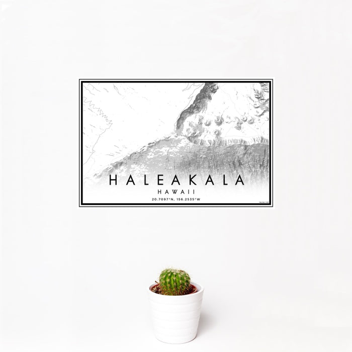 12x18 Haleakala Hawaii Map Print Landscape Orientation in Classic Style With Small Cactus Plant in White Planter