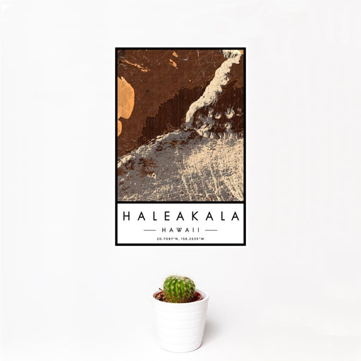 12x18 Haleakala Hawaii Map Print Portrait Orientation in Ember Style With Small Cactus Plant in White Planter