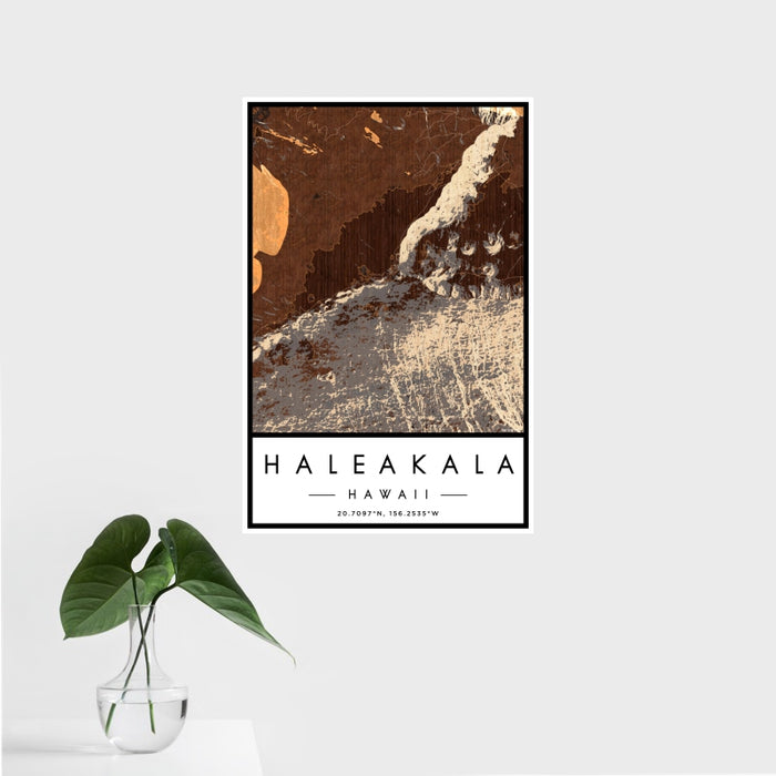 16x24 Haleakala Hawaii Map Print Portrait Orientation in Ember Style With Tropical Plant Leaves in Water