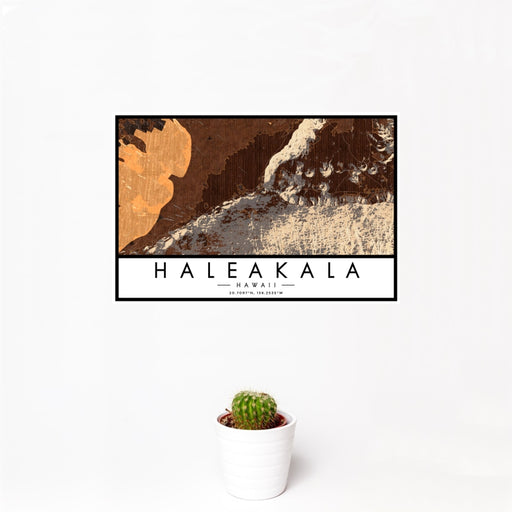 12x18 Haleakala Hawaii Map Print Landscape Orientation in Ember Style With Small Cactus Plant in White Planter