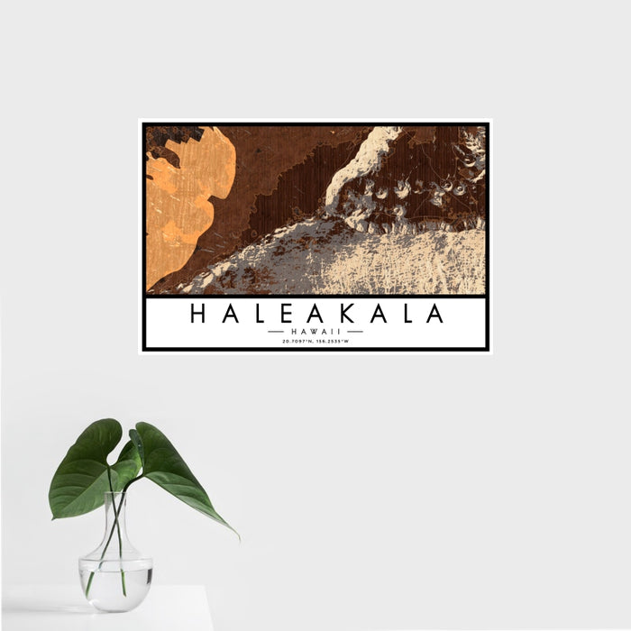 16x24 Haleakala Hawaii Map Print Landscape Orientation in Ember Style With Tropical Plant Leaves in Water