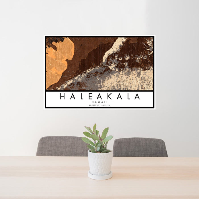24x36 Haleakala Hawaii Map Print Landscape Orientation in Ember Style Behind 2 Chairs Table and Potted Plant