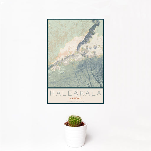 12x18 Haleakala Hawaii Map Print Portrait Orientation in Woodblock Style With Small Cactus Plant in White Planter