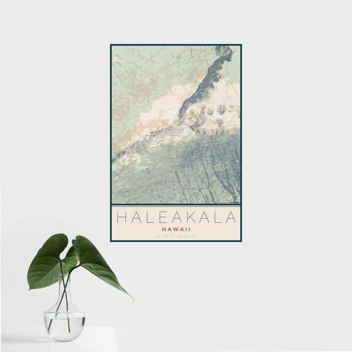 16x24 Haleakala Hawaii Map Print Portrait Orientation in Woodblock Style With Tropical Plant Leaves in Water