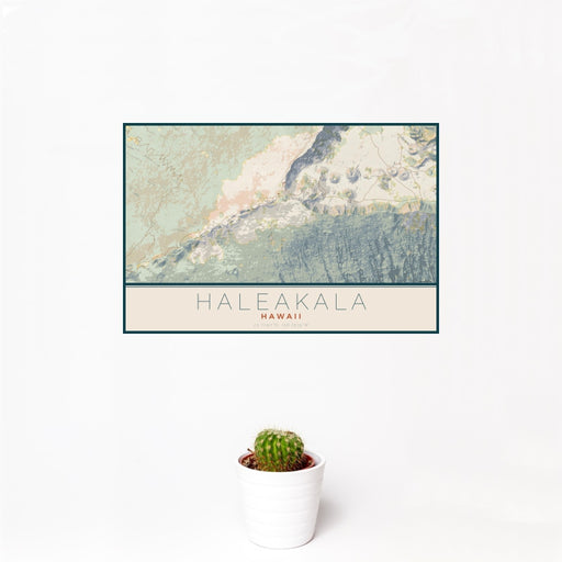 12x18 Haleakala Hawaii Map Print Landscape Orientation in Woodblock Style With Small Cactus Plant in White Planter