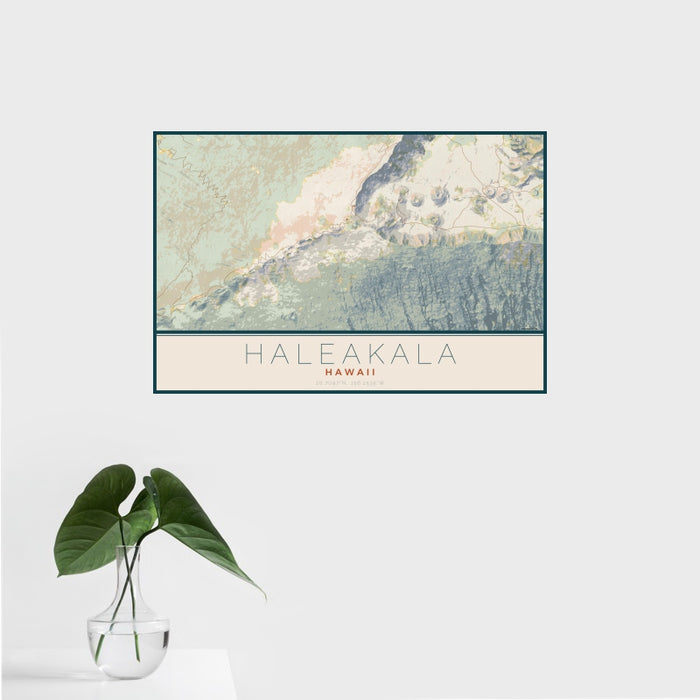 16x24 Haleakala Hawaii Map Print Landscape Orientation in Woodblock Style With Tropical Plant Leaves in Water