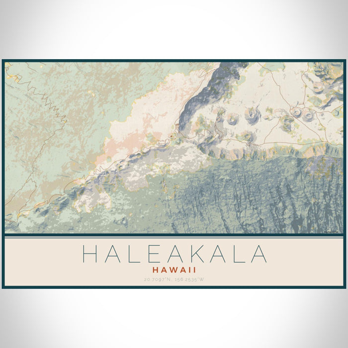 Haleakala Hawaii Map Print Landscape Orientation in Woodblock Style With Shaded Background