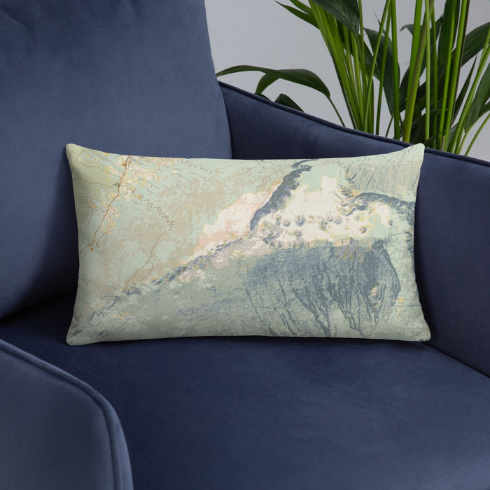 Custom Haleakala Hawaii Map Throw Pillow in Woodblock on Blue Colored Chair
