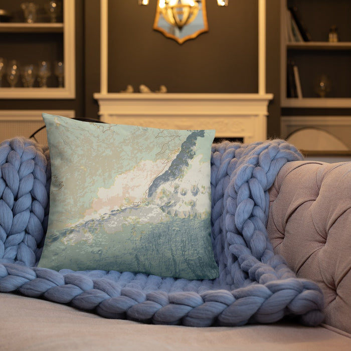 Custom Haleakala Hawaii Map Throw Pillow in Woodblock on Cream Colored Couch