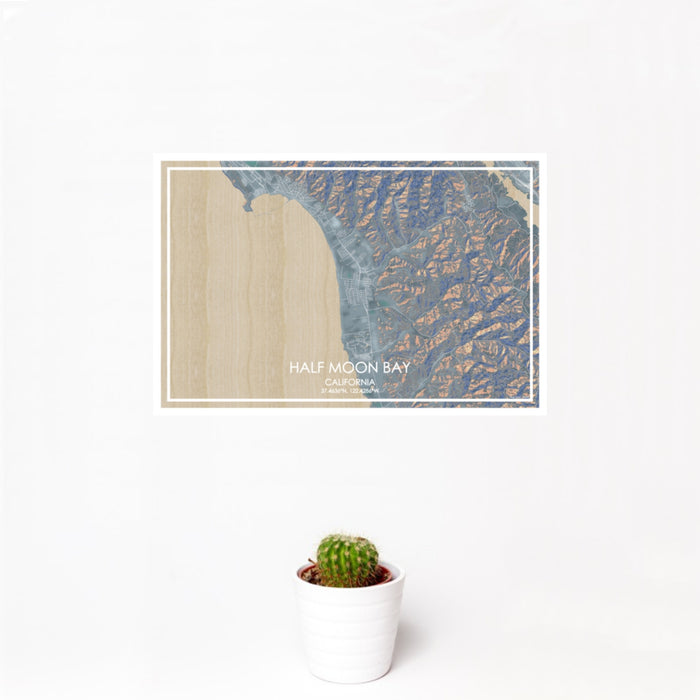 12x18 Half Moon Bay California Map Print Landscape Orientation in Afternoon Style With Small Cactus Plant in White Planter