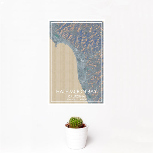 12x18 Half Moon Bay California Map Print Portrait Orientation in Afternoon Style With Small Cactus Plant in White Planter
