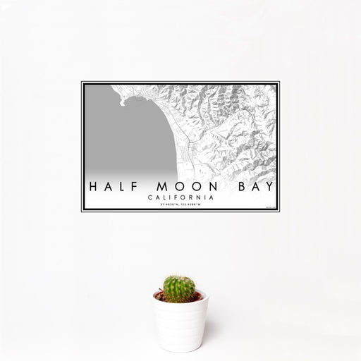 12x18 Half Moon Bay California Map Print Landscape Orientation in Classic Style With Small Cactus Plant in White Planter