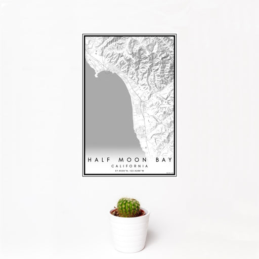 12x18 Half Moon Bay California Map Print Portrait Orientation in Classic Style With Small Cactus Plant in White Planter