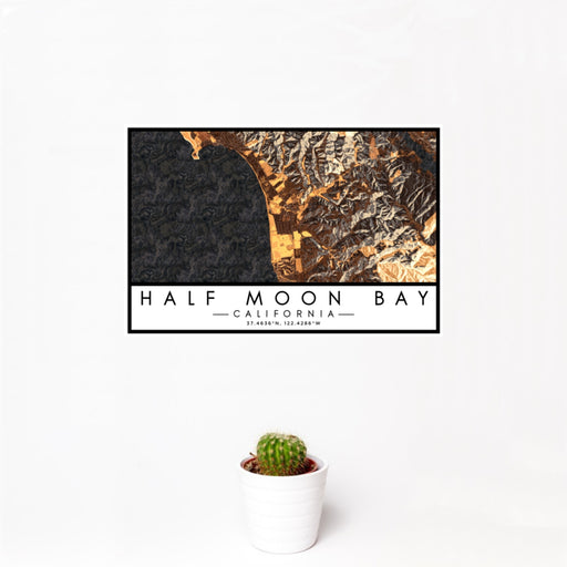 12x18 Half Moon Bay California Map Print Landscape Orientation in Ember Style With Small Cactus Plant in White Planter