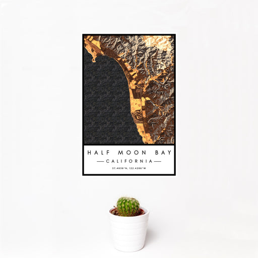 12x18 Half Moon Bay California Map Print Portrait Orientation in Ember Style With Small Cactus Plant in White Planter