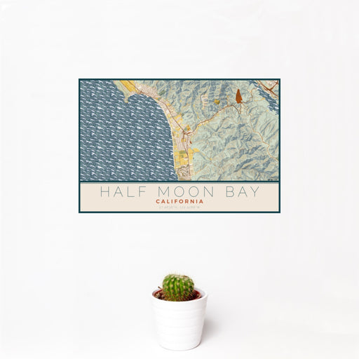 12x18 Half Moon Bay California Map Print Landscape Orientation in Woodblock Style With Small Cactus Plant in White Planter