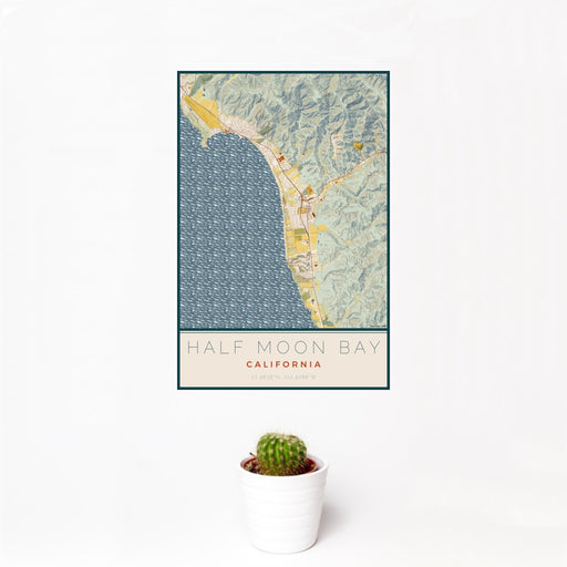 12x18 Half Moon Bay California Map Print Portrait Orientation in Woodblock Style With Small Cactus Plant in White Planter