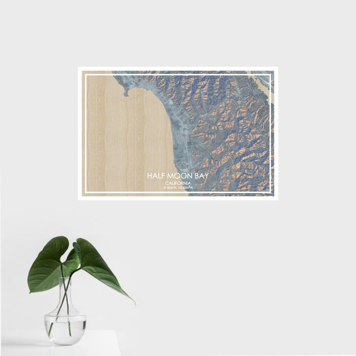 16x24 Half Moon Bay California Map Print Landscape Orientation in Afternoon Style With Tropical Plant Leaves in Water