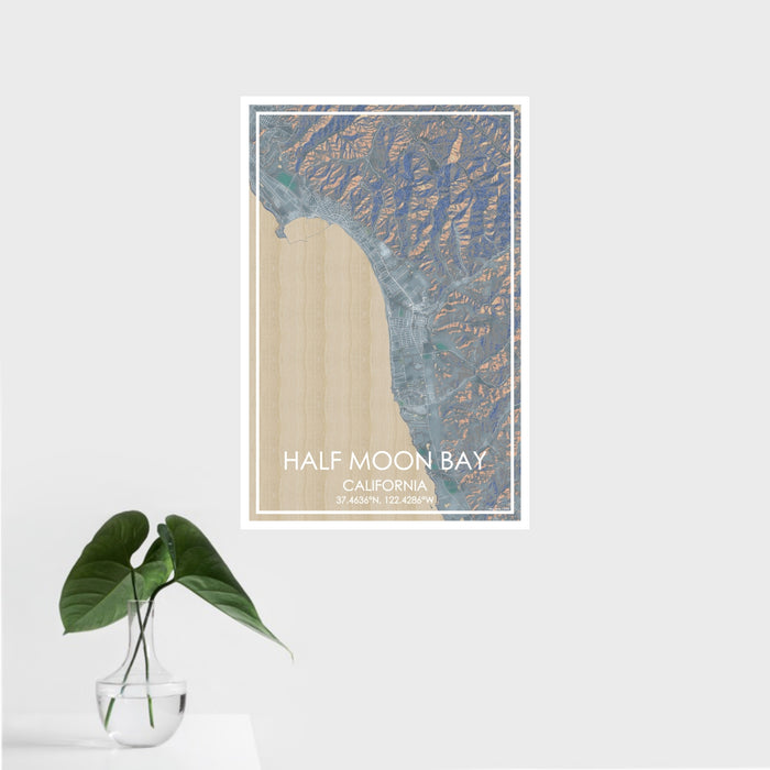 16x24 Half Moon Bay California Map Print Portrait Orientation in Afternoon Style With Tropical Plant Leaves in Water