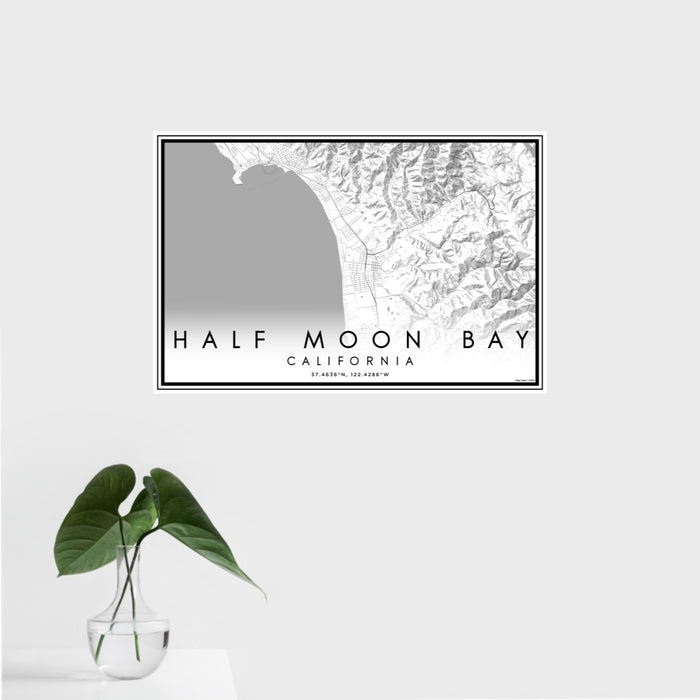 16x24 Half Moon Bay California Map Print Landscape Orientation in Classic Style With Tropical Plant Leaves in Water