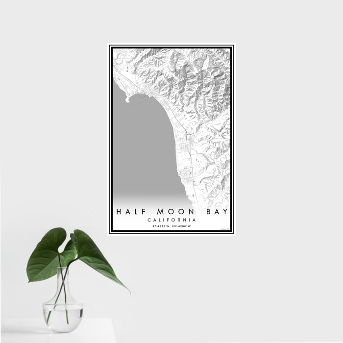16x24 Half Moon Bay California Map Print Portrait Orientation in Classic Style With Tropical Plant Leaves in Water
