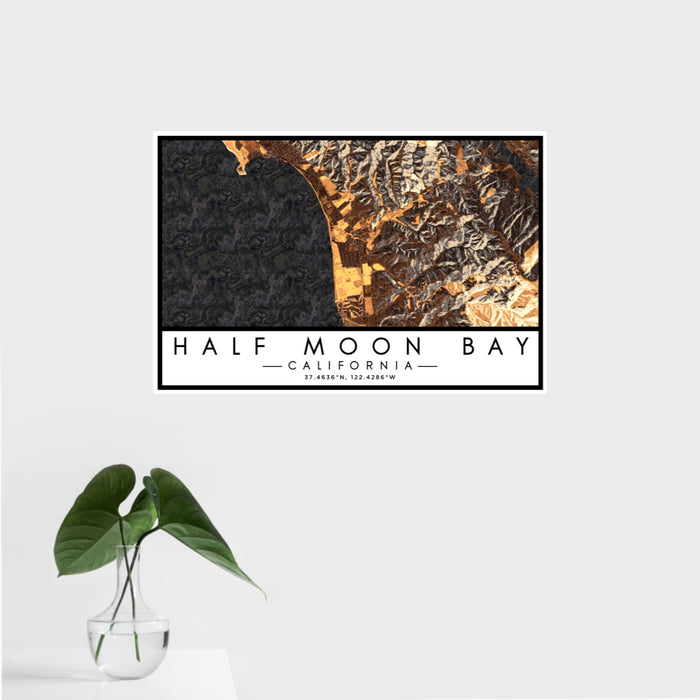 16x24 Half Moon Bay California Map Print Landscape Orientation in Ember Style With Tropical Plant Leaves in Water