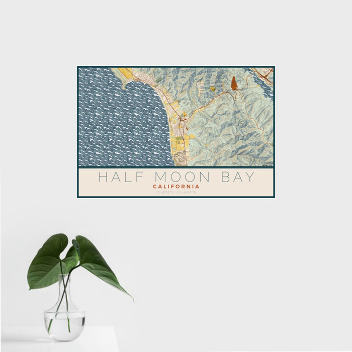 16x24 Half Moon Bay California Map Print Landscape Orientation in Woodblock Style With Tropical Plant Leaves in Water