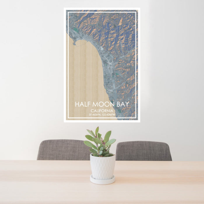 24x36 Half Moon Bay California Map Print Portrait Orientation in Afternoon Style Behind 2 Chairs Table and Potted Plant