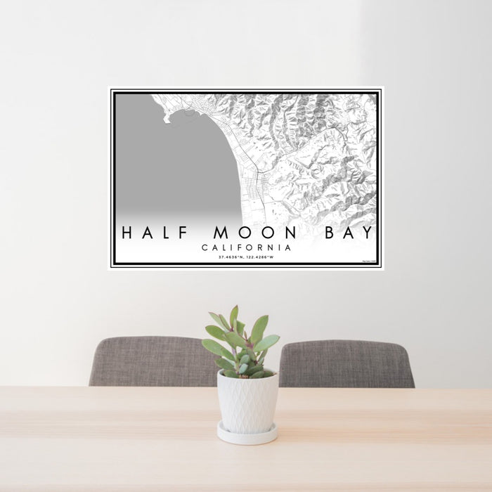 24x36 Half Moon Bay California Map Print Lanscape Orientation in Classic Style Behind 2 Chairs Table and Potted Plant