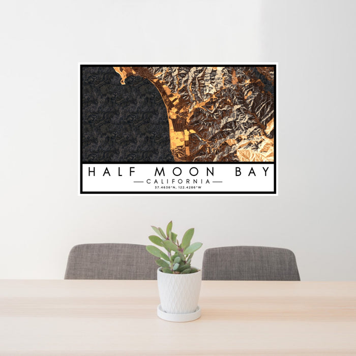 24x36 Half Moon Bay California Map Print Lanscape Orientation in Ember Style Behind 2 Chairs Table and Potted Plant