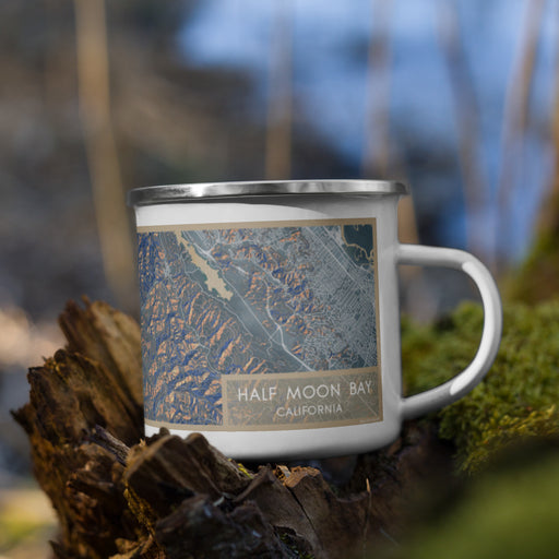 Right View Custom Half Moon Bay California Map Enamel Mug in Afternoon on Grass With Trees in Background