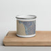 Front View Custom Half Moon Bay California Map Enamel Mug in Afternoon on Cutting Board