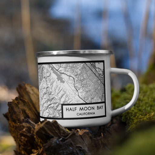 Right View Custom Half Moon Bay California Map Enamel Mug in Classic on Grass With Trees in Background