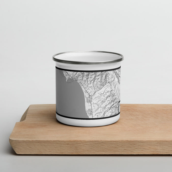 Front View Custom Half Moon Bay California Map Enamel Mug in Classic on Cutting Board